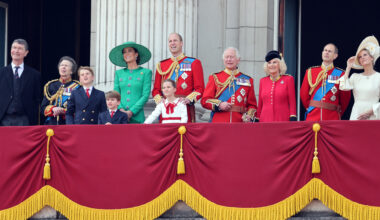 The King, Queen and other members of the royal family in dresses and military uniforms on the balcony at Buckingham Palace during Trooping the Colour 2023