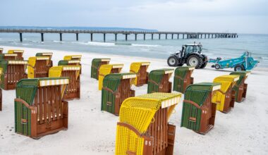 Strandkörbe stehen vor der Seebrücke auf der Insel Rügen am Ostseestand.
