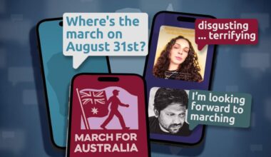 A composite of images depicting texts and screenshots about a march on 31 August