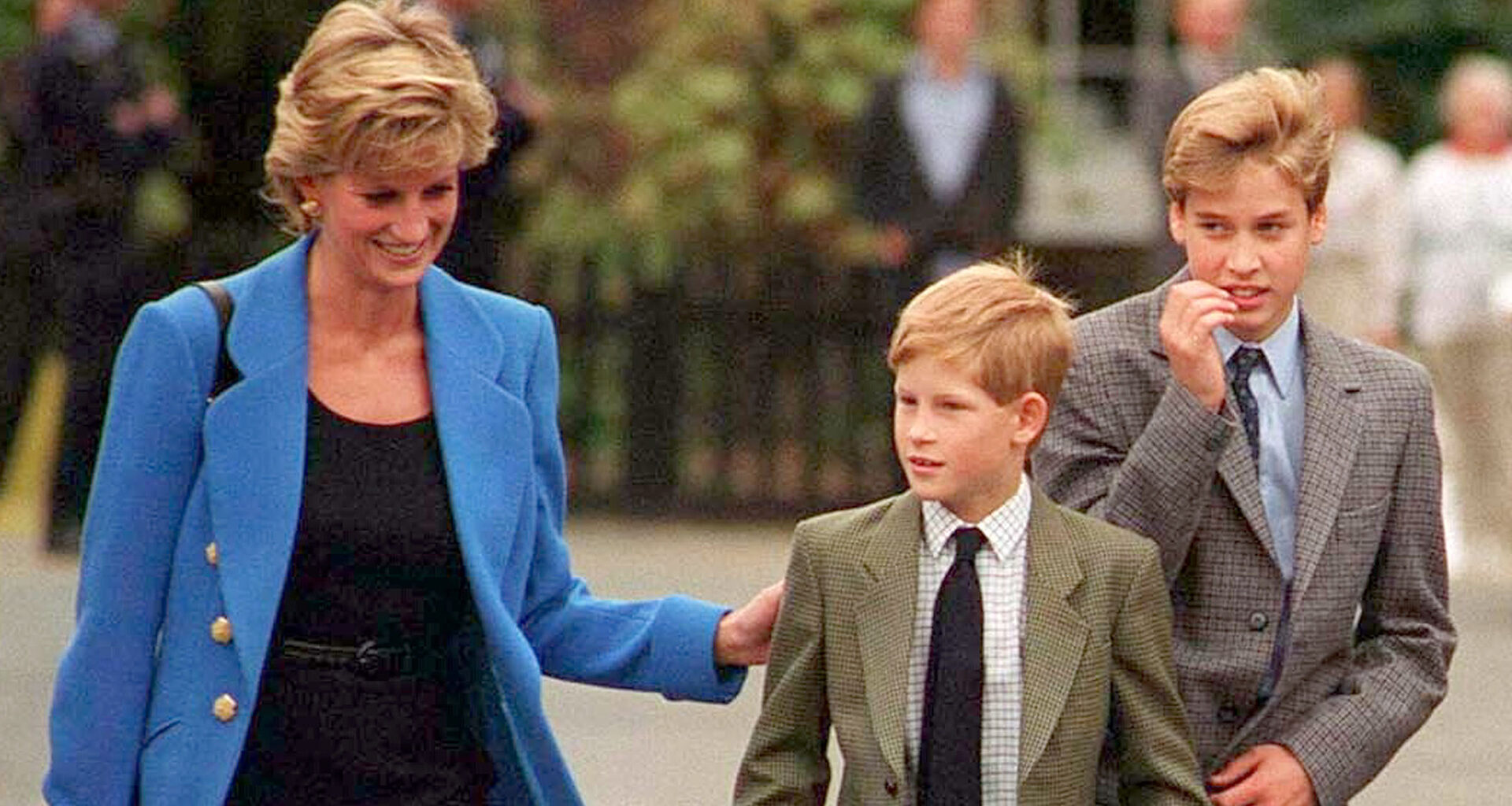Prince William with Diana, Princess of Wales and Prince Harry on the day he joined Eton in September 1995. (Photo by Anwar Hussein/WireImage)