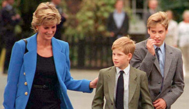 Prince William with Diana, Princess of Wales and Prince Harry on the day he joined Eton in September 1995. (Photo by Anwar Hussein/WireImage)