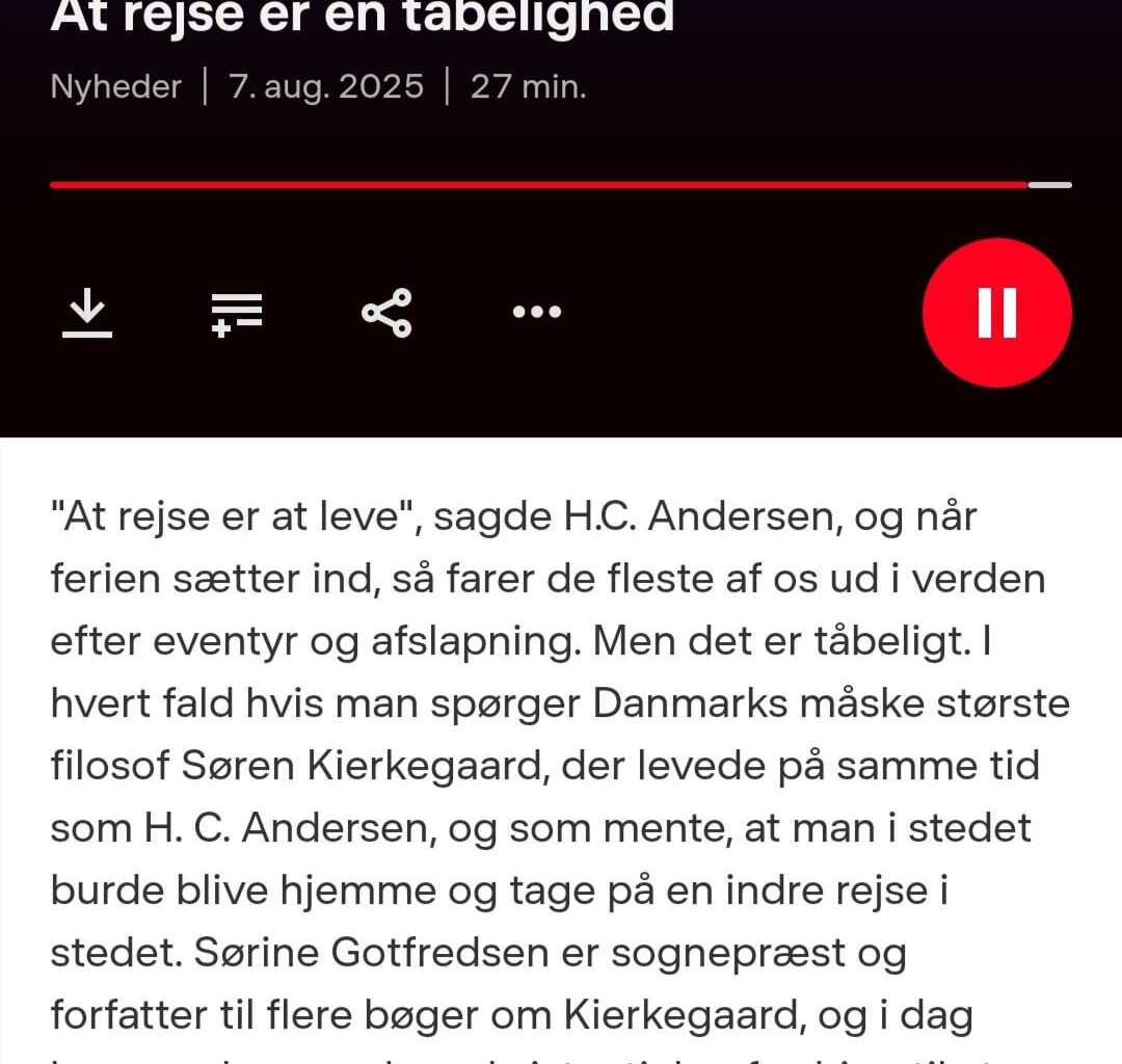 Sørine Gotfredsen anbefaler, at man ikke rejser. Jeg vil anbefale, at man lytter til dagens afsnit af DR's Genstart for at blive bekræftet i, at Sørine ikke er værd at lytte til.