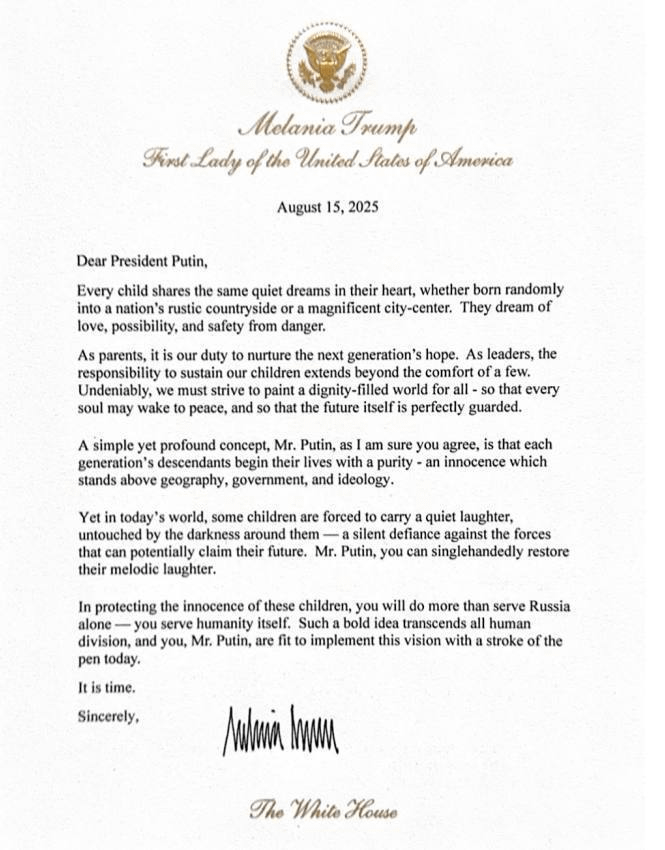 Fox News published a letter from First Lady Melania Trump to Putin: