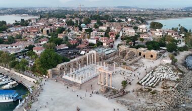 An aerial view of the ancient city of Side and the modern town in Antalya, Türkiye, August 7, 2025. (AA Photo)