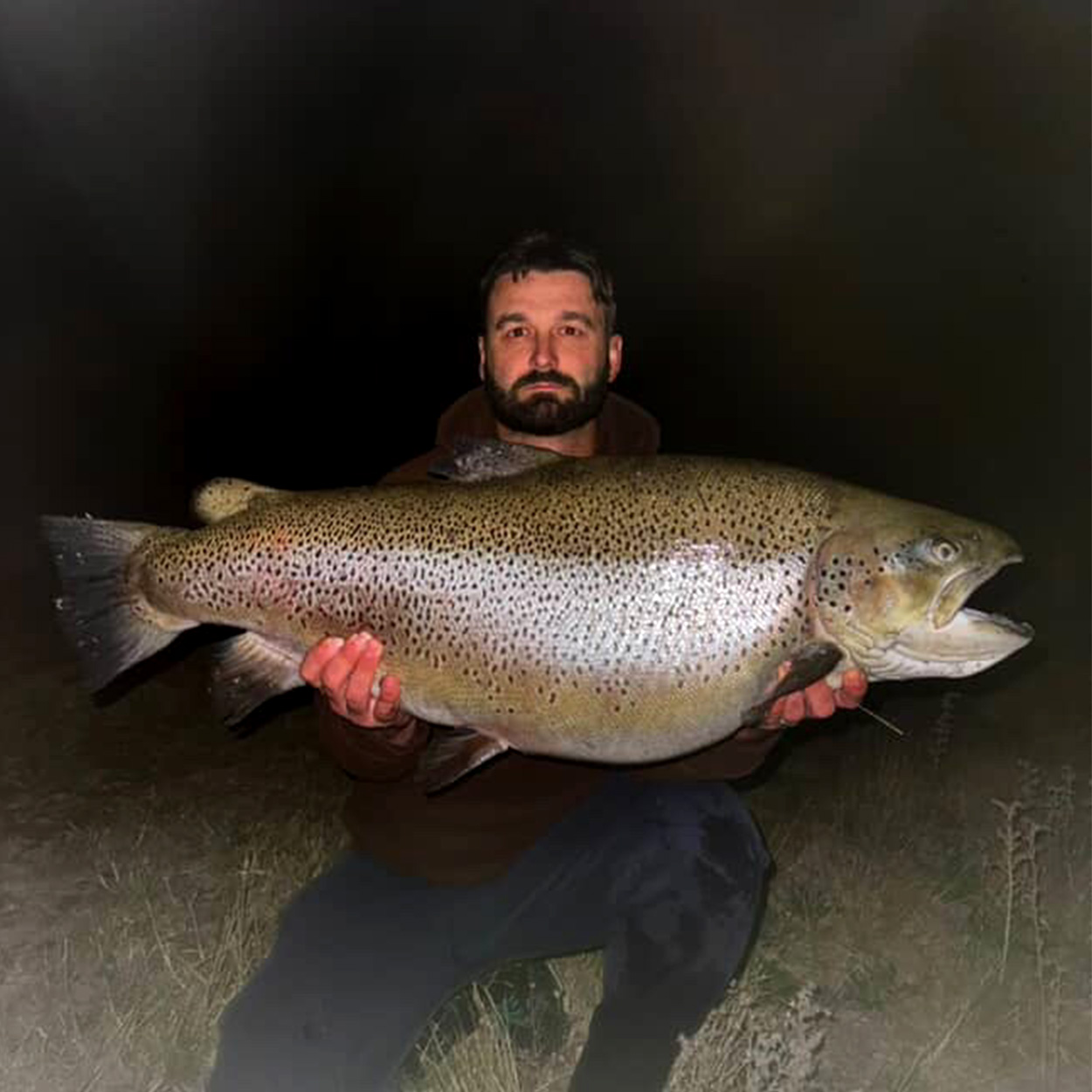 An angler holds up a huge brown trout from New Zealand.