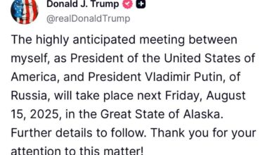 Trump announces next meeting between him and Vladimir Putin will be held on August 15 in…….Alaska