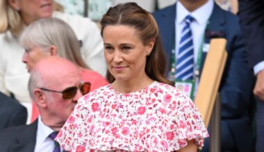 Pippa Middleton court-side of Centre Court during the men's final on day fourteen of the Wimbledon Tennis Championships 2024