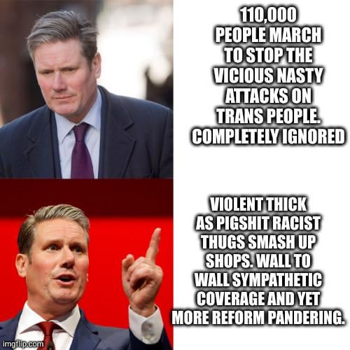 20 times as many decent people marched today for trans folk. Instead wall to wall coverage of violent Reform thugs.