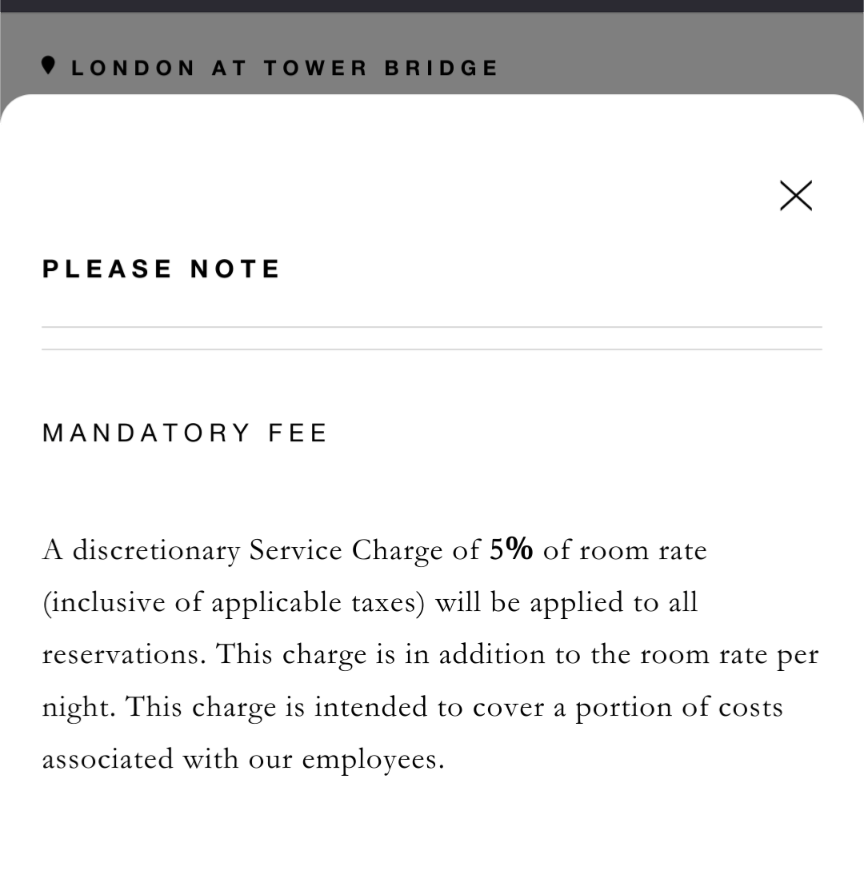 Service charge on rooms at Four Seasons London Bridge