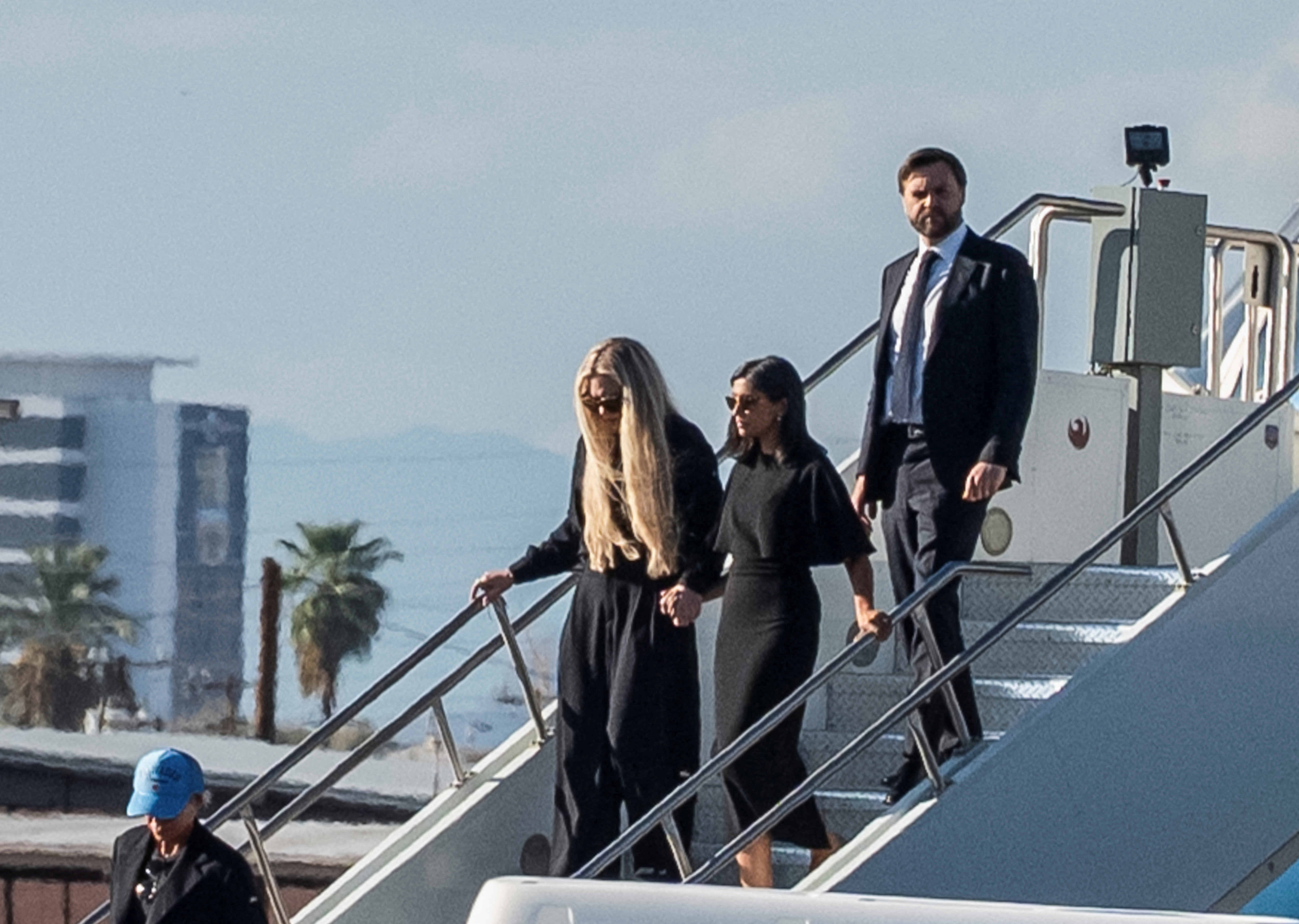 VP JD Vance, his wife, and the wife of slain conservative activist Charlie Kirk disembark Air Force Two.