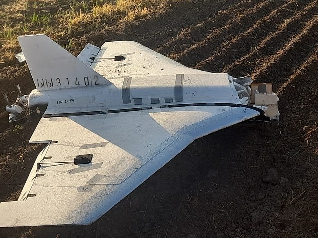 Damaged Russian drone on the ground.