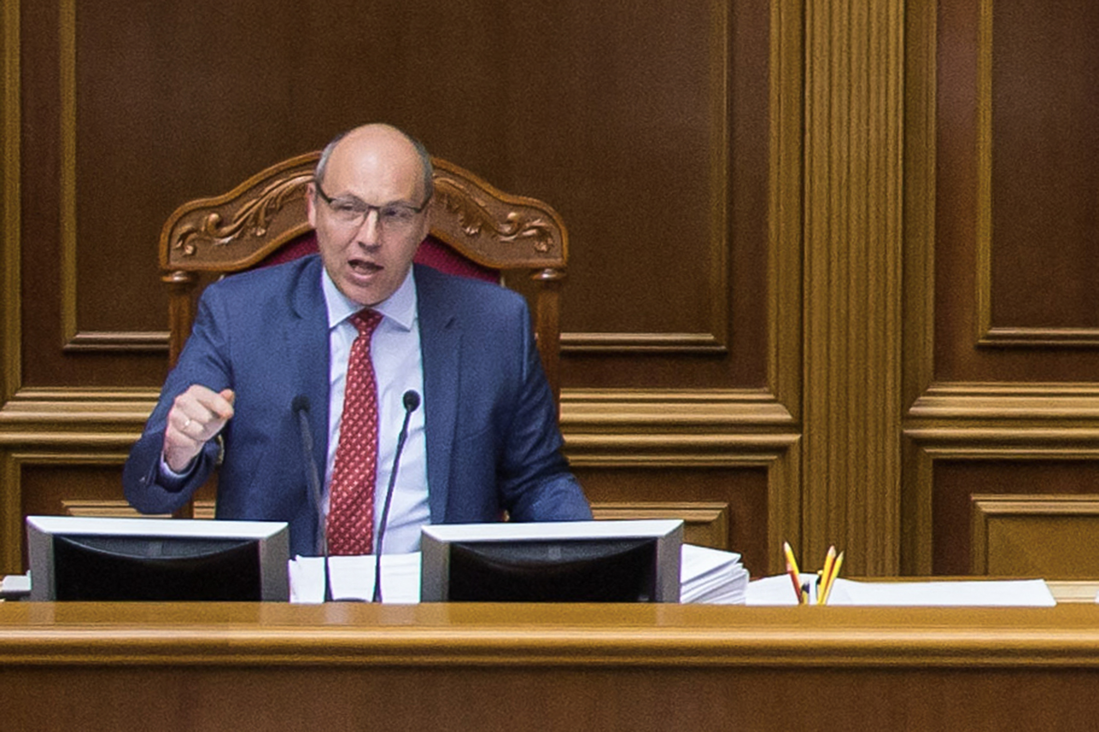 Andriy Parubiy, Speaker of Ukraine's Parliament, speaking at a parliamentary session.