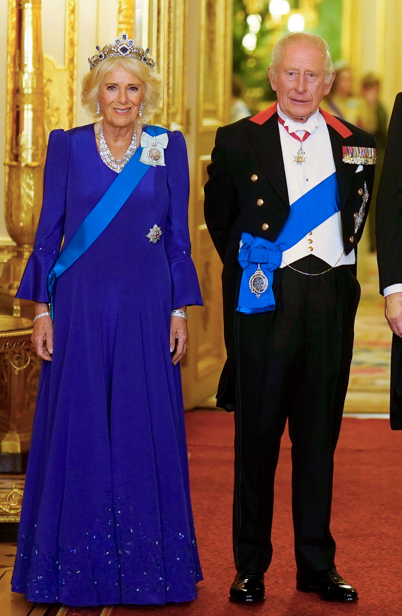 King Charles III and Queen Camilla at a state banquet.