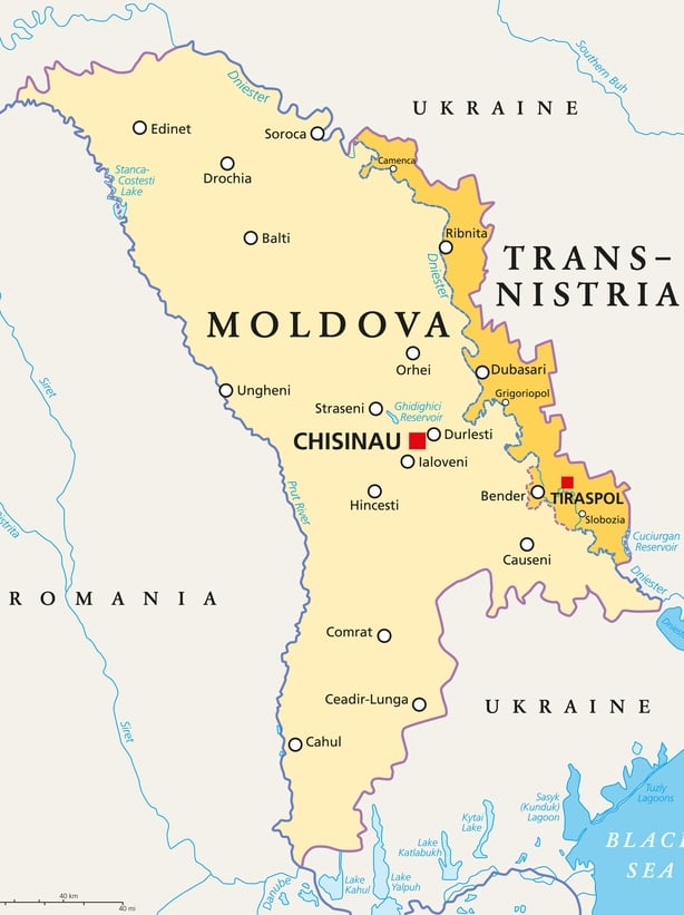 Moldova and Transnistria, political map. Republic of Moldova, with capital Chisinau, and the Pridnestrovian Moldavian Republic, PMR, a disputed and unrecognized breakaway state, with capital Tiraspol.