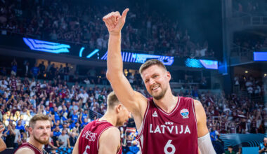 Latvia center Kristaps Porzingis at FIBA EuroBasket 2025.