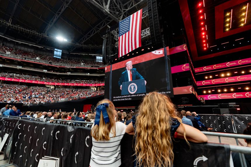 President Donald Trump speaks during a memorial service honoring Charlie Kirk at State Farm Stadium in Glendale, Arizona, on Sunday, September 21.