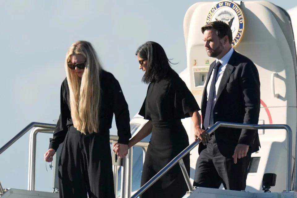 Vance, right, Second Lady Usha Vance, center, and Charlie Kirk’s widow Erika Kirk leave Air Force Two (AP)