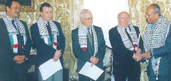 Maltese political leaders wearing a keffiyeh at a 2002 meeting with the Palestinian community. File photo: Alfred Giglio Maltese political leaders wearing a keffiyeh at a 2002 meeting with the Palestinian community. File photo: Alfred Giglio