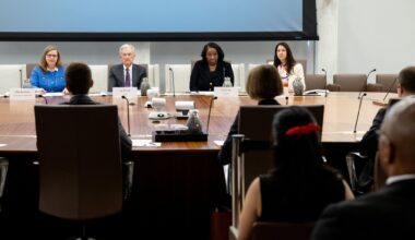 Fed Chair Jerome Powell speaks alongside Michelle Bowman (L), Board Vice Chair for Supervision, Lisa Cook (2nd R), Board Governor, and Adriana Kugler (R), Board Governor, at a Federal Reserve Board open meeting.