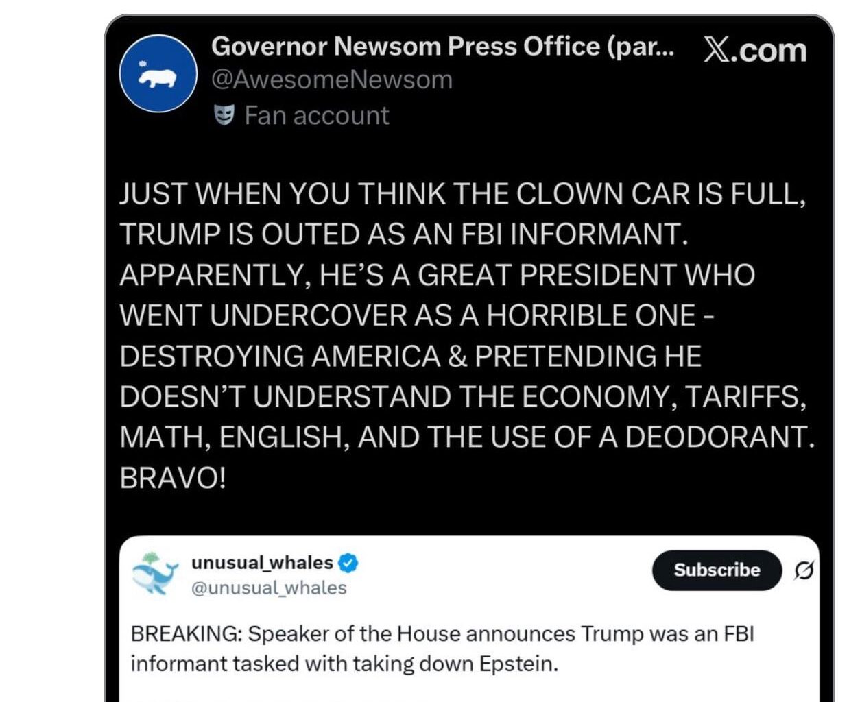 Newsom responds to Trump’s undercover FBI gig - it doesn’t disappoint