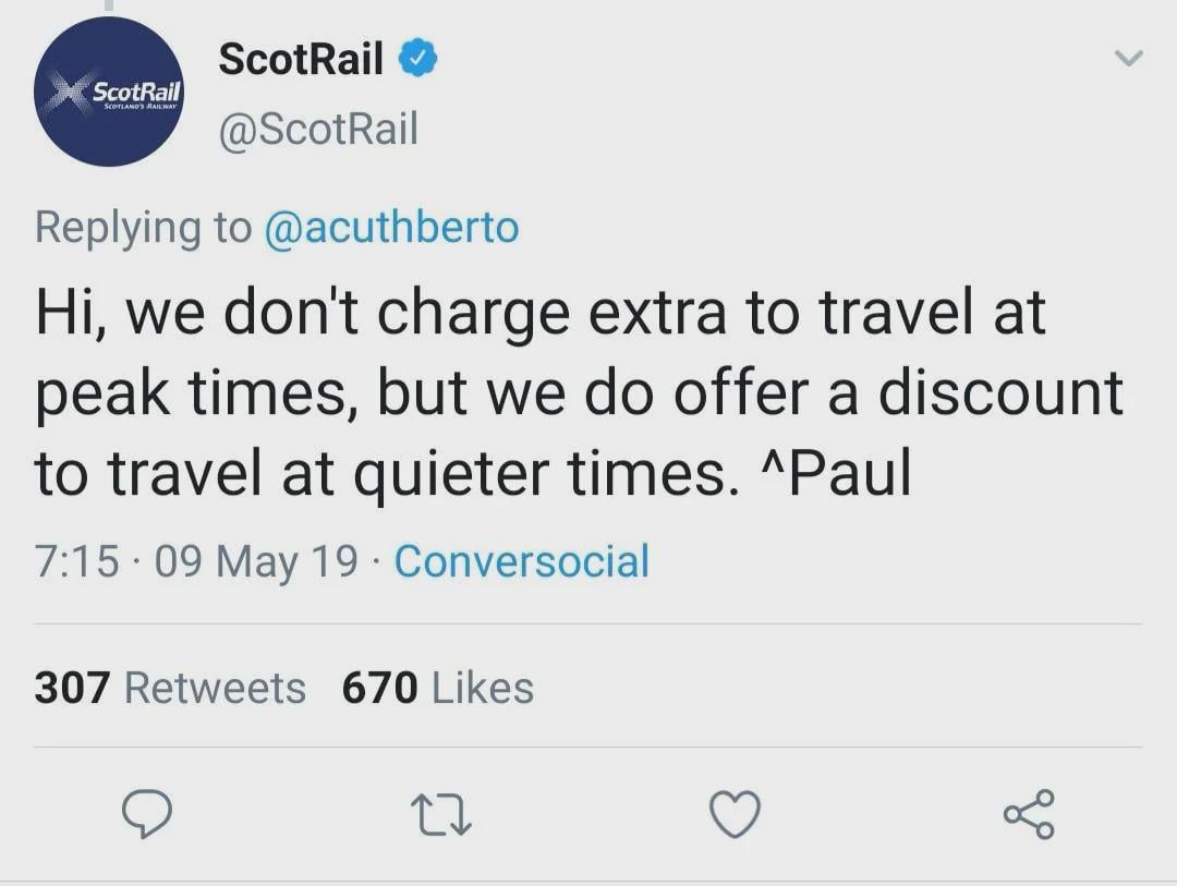 Today ScotRail officially scrap peak fairs, and this reminds me of my favourite Tweet of all time.
