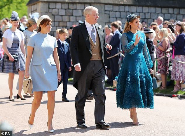 Eugenie, Andrew and Beatrice at Windsor Castle for Harry and Meghan's wedding in May 2018