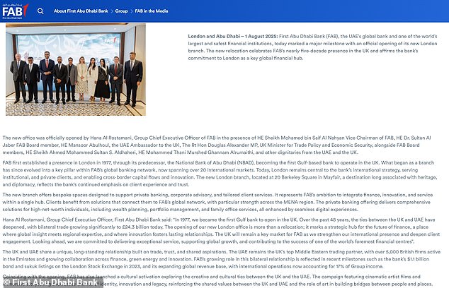 The image was part of a press release issued by First Abu Dhabi Bank announcing the branch