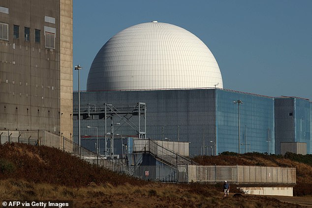 In the UK currently, about 12 per cent of the energy mix is nuclear. Pictured, Sizewell B nuclear power station, on the Suffolk coast, England