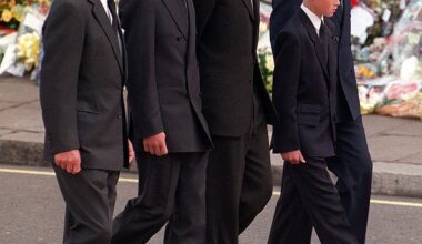 a young Prince William and Prince Harry joined by the now King Charles, the Earl of Spencer and Prince Philip as they walk behind the hearse carrying Princess Diana's funeral