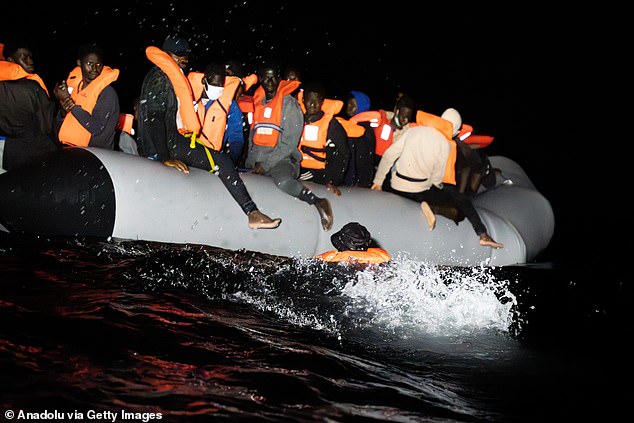 The Home Office refused to answer the simplest of questions: we asked how many houses in multi-occupation (HMOs), like those in Skegness, are being given by the Government to migrants who have been moved from hotels or have recently arrived on our shores. Pictured: A rubber boat carrying 54 migrants