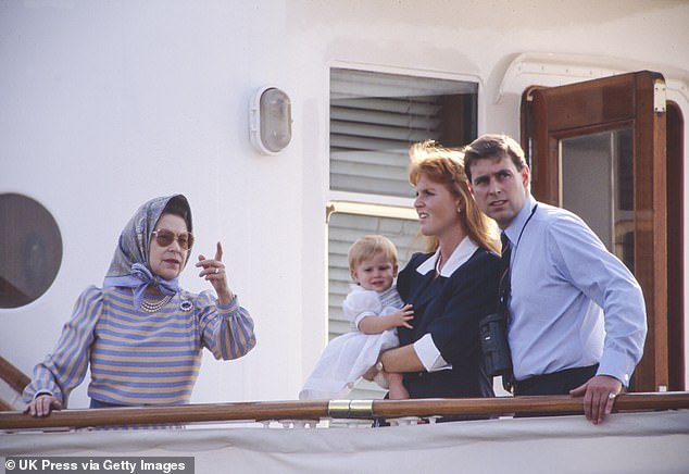 Elizabeth with the Duke and Duchess of York and a young Princess Beatrice in 1989. After Prince Philip died in April 2021, Burrell claims that Fergie 'saw an opportunity to open a door into the Queen's world'