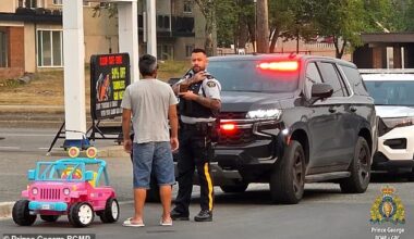 Kasper Lincoln was pulled over in north-central Canada after cruising down a busy road in his roommate's daughter's pink toy jeep, on his way to get a slurpee