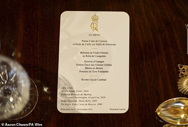 The banquet featured boneless free range chicken coated in zucchini – or Ballotine de Poulet Fermier en Robe de Courgettes, as the pretentious French menu termed it