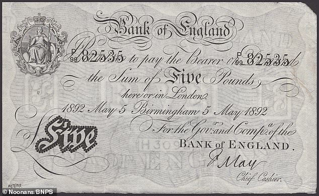 The rare note, printed in Birmingham 133 years ago and signed by then-chief cashier Frank May, is going under the hammer for more than 5,000 times its face value