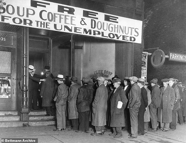 Pictured: Unemployed Americans queue for food in 1930, after the market crash sparked the Great Depression