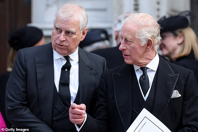 Prince Andrew and King Charles at last week's funeral of the Duchess of Kent