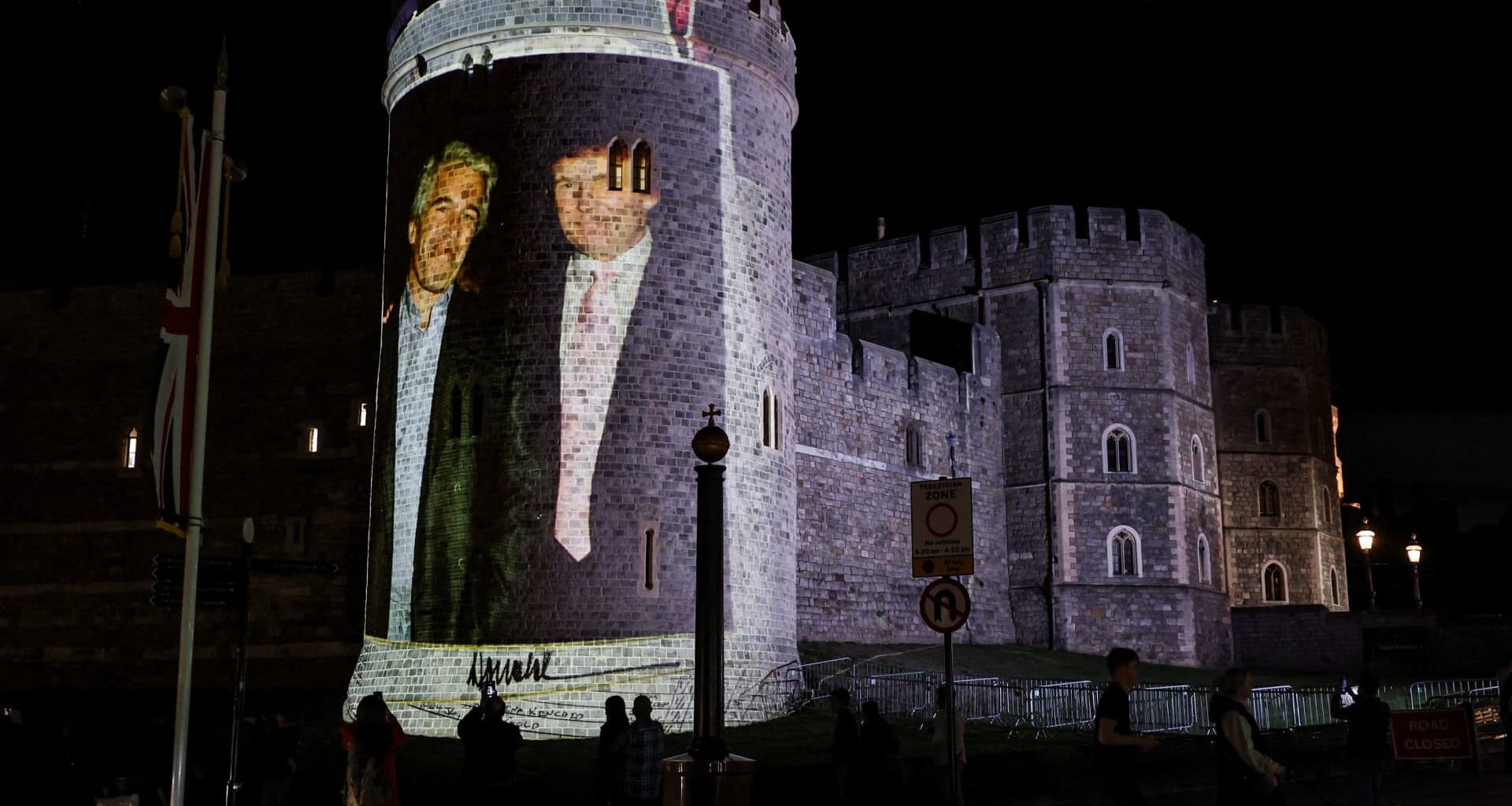 Trump and Jeffrey Epstein image projected on Windsor Castle