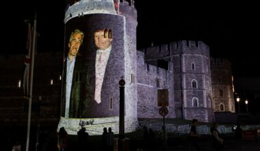 Trump and Jeffrey Epstein image projected on Windsor Castle