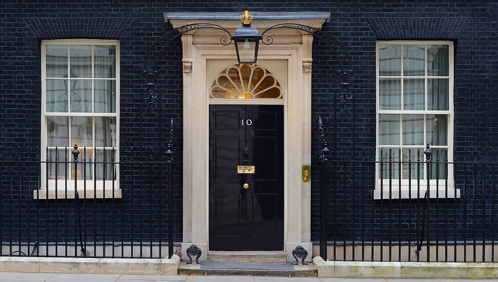 Front view of 10 Downing Street, UK government headquarters