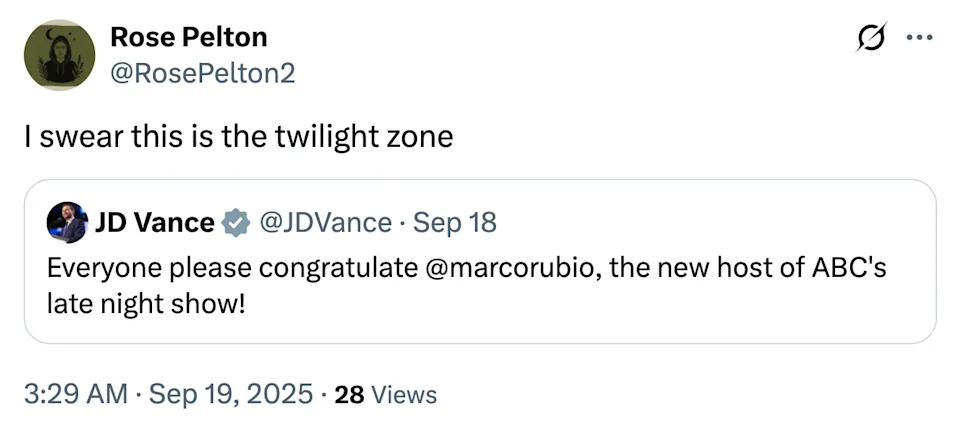 Tweet questioning the announcement of Marco Rubio as the new host of ABC's late-night show, shared by Rose Pelton
