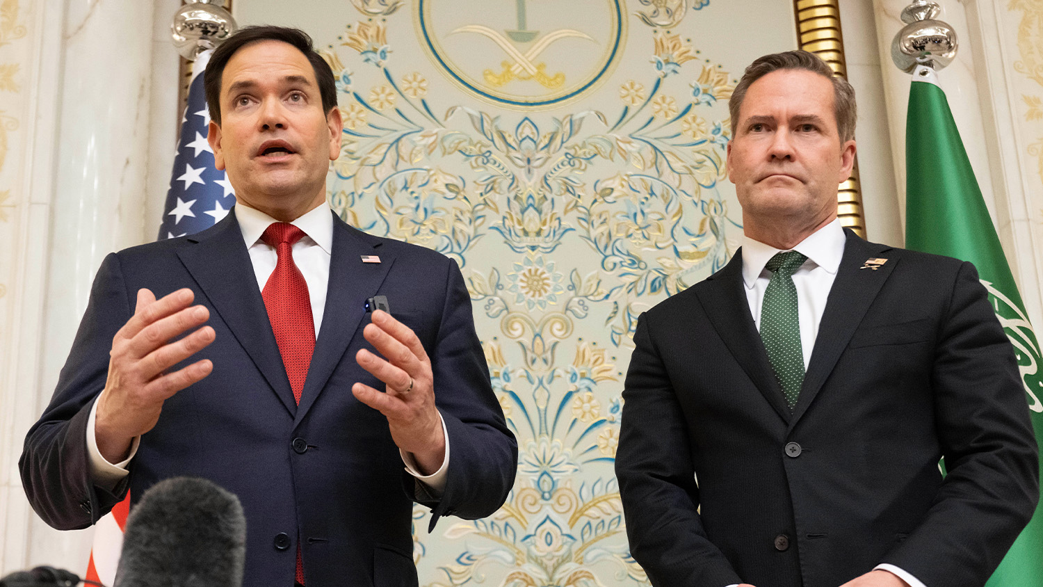 U.S. Secretary of State Marco Rubio, left, and U.S. National Security Advisor Mike Waltz speak with the media following meetings with a Ukrainian delegation in Jeddah, Saudi Arabia, March 11, 2025.
