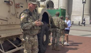 At Union Station, veterans play a speech from General Mark Milley warning soldiers of the threat that President Trump poses