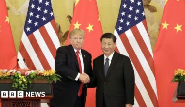 Trump and Xi shake hands in front of a line of furled US and Chinese flags