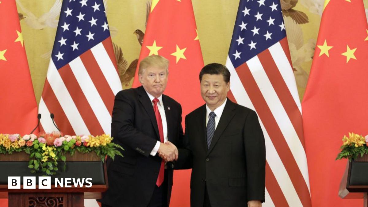 Trump and Xi shake hands in front of a line of furled US and Chinese flags