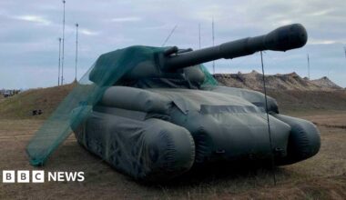 Decoys of an M777 Howitzer, a Himars missile launcher and a Humvee vehicle used by Ukraine