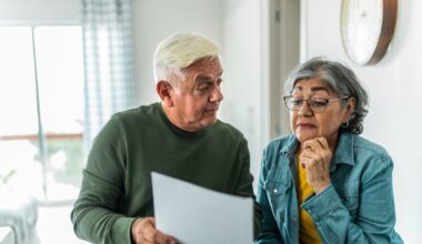 Senior couple using computer and doing home finances at home.