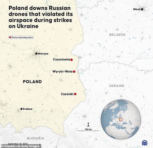 ANKARA, TURKIYE - SEPTEMBER 10: An infographic titled "Poland downs Russian drones that violated its airspace during strikes on Ukraine" created in Ankara, Turkiye on September 10, 2025. (Photo by Yasin Demirci/Anadolu via Getty Images)