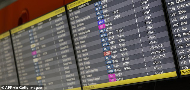 Delayed flights are seen on monitors at the international airport in Warsaw, on September 10, 2025, after the airport was closed due to Russian drones violated Polish airspace on Wednesday morning. NATO air defences helped counter drones that entered Polish airspace overnight and alliance chief Mark Rutte is in contact with Warsaw, a NATO spokeswoman said Wednesday. Polish Prime Minister Donald Tusk said Wednesday that a violation of Polish airspace by several Russian drones overnight was a major provocation aimed at the EU and NATO member. (Photo by Wojtek RADWANSKI / AFP) (Photo by WOJTEK RADWANSKI/AFP via Getty Images)