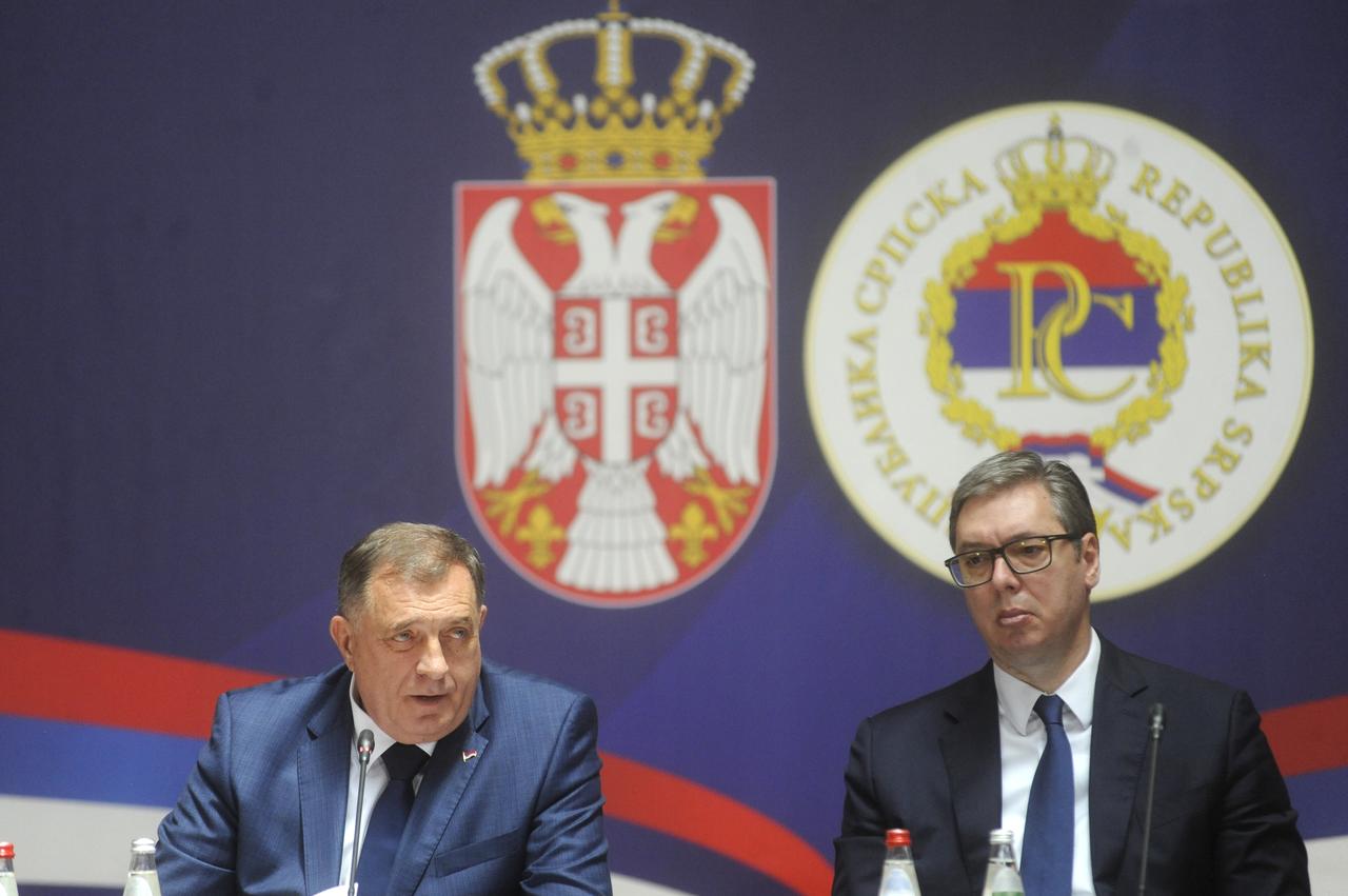 Serbian President Aleksandar Vucic (R),  Republika Srpska (RS) President Milorad Dodik (L) attend the session of the “Assembly of All Serbs” of the governments of RS, one of the two entities in Serbia and Bosnia and Herzegovina, in Belgrade, Serbia on June 8, 2024. (AA Photo)