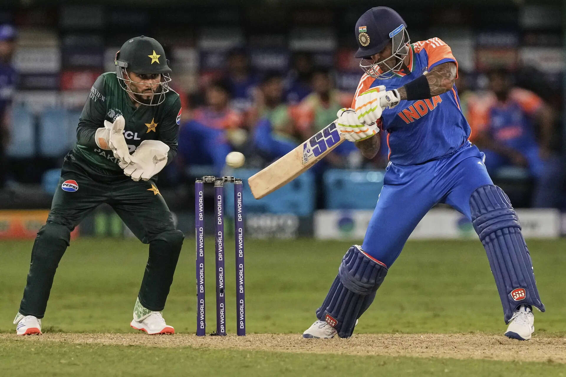 India's captain Suryakumar Yadav plays a shot during the Asia Cup cricket match between India and Pakistan at Dubai International Cricket Stadium in Dubai, United Arab Emirates. AP/PTI(AP09_14_2025_000578A) Emirates Asia Cup Cricket